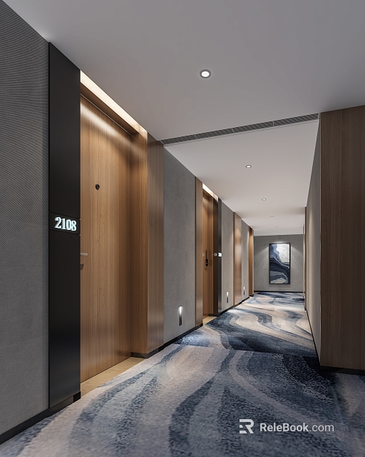 Hotel Corridor With Wooden Doors Gray Walls Patterned Carpet And Ceiling Lights 3d model 