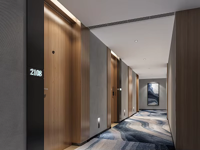 Hotel Corridor With Wooden Doors Gray Walls Patterned Carpet And Ceiling Lights 3d model