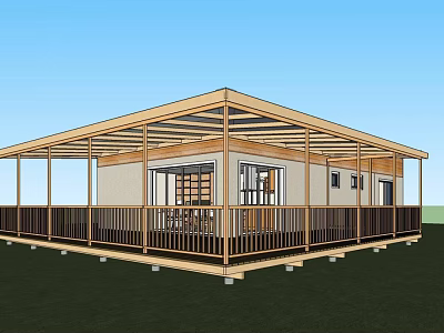 Detached House With Covered Porch Wooden Roof White Exterior Large Windows And Green Lawn 3d model