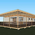 Detached House With Covered Porch Wooden Roof White Exterior Large Windows And Green Lawn