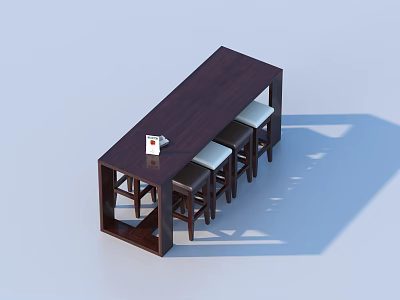 Dark Wood Long Rectangular Dining Table with High Stools and Small Tabletop Cup 3d model