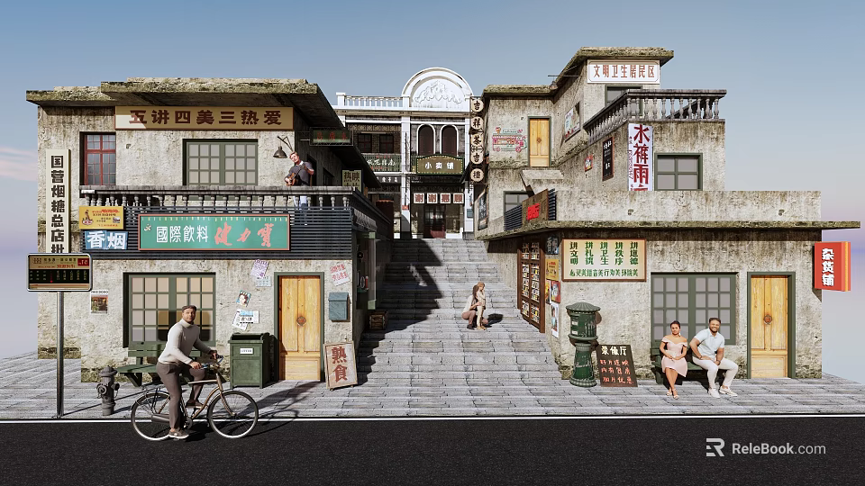 Vintage Street Scene With Old Style Buildings Chinese Signs And People Activities 3d model 