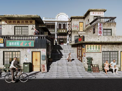 Vintage Street Scene With Old Style Buildings Chinese Signs And People Activities 3d model