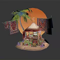 Off Road Vehicle Exploring Desert Scene With Palm Trees And Sunset Tent