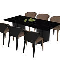Modern Rectangular Table And Six Brown Chairs Set With Green Fruit Bowl 3d model
