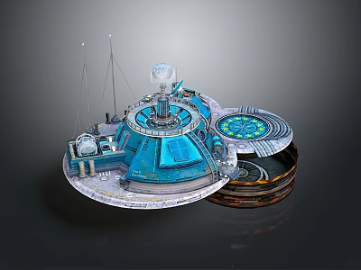 Cartoon Style Sci-Fi Base With Blue Circular Structure Antennas Sphere Device And Platforms 3d model