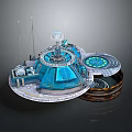Cartoon Style Sci-Fi Base With Blue Circular Structure Antennas Sphere Device And Platforms