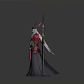 Horned Mythical Character With Red Black Attire And Ornate Golden Pink Decorative Sword