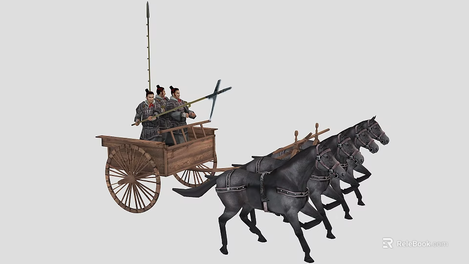 Group of People Riding in Wooden Carriage Pulled by Horses Wearing Ancient Clothing 3d model 