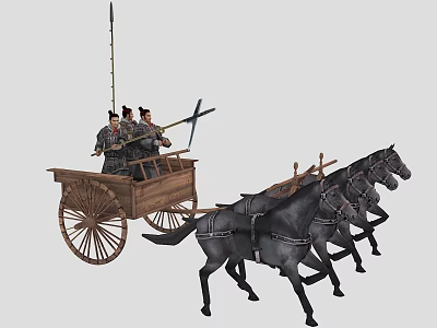 Group of People Riding in Wooden Carriage Pulled by Horses Wearing Ancient Clothing 3d model