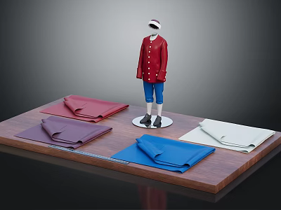 Mannequin In Red Coat Blue Pants White Hat With Colored Fabrics On Wooden Platform 3d model