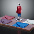 Mannequin In Red Coat Blue Pants White Hat With Colored Fabrics On Wooden Platform