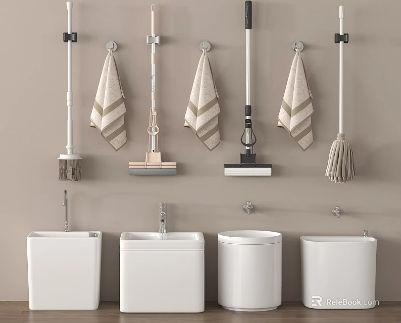 Bathroom Accessories Wall Mounted Mops Brushes Towels And White Storage Bins 3d model 