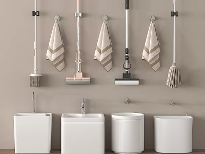 Bathroom Accessories Wall Mounted Mops Brushes Towels And White Storage Bins 3d model