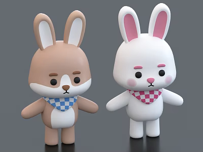Cute Brown And White Rabbit Dolls With Checkered Scarves And Big Ears 3d model