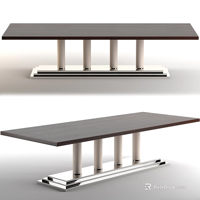 Modern Dining Table With Dark Wooden Top And Multiple Silver Metal Legs 3d model 