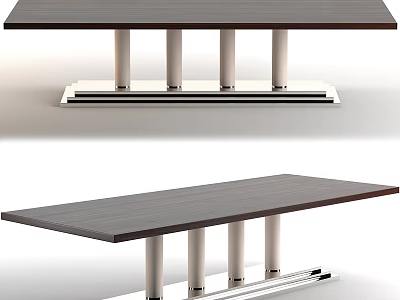 Modern Dining Table With Dark Wooden Top And Multiple Silver Metal Legs 3d model
