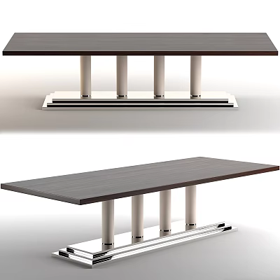 Modern Dining Table With Dark Wooden Top And Multiple Silver Metal Legs 3d model