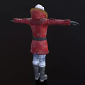 Woman In Red Coat White Hat Fur Collar Arms Outstretched Front Side View