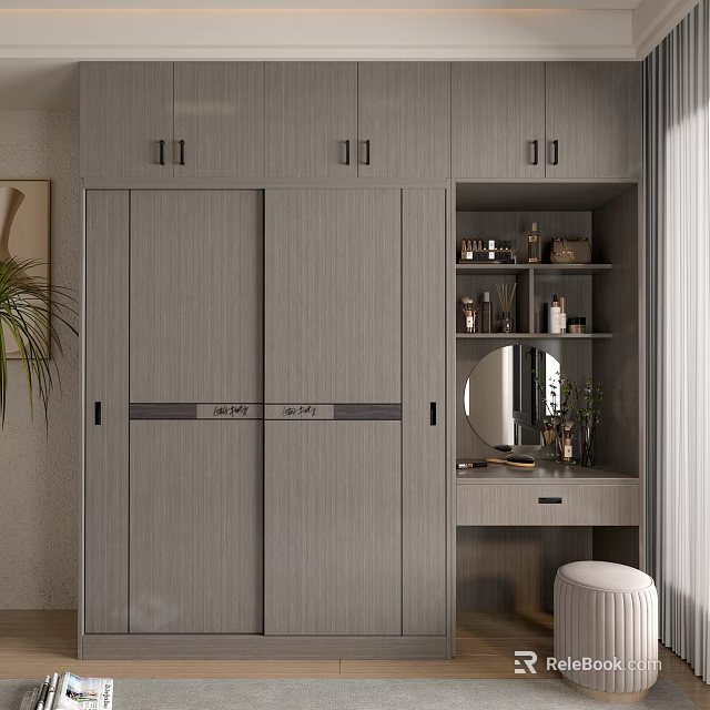 Modern Gray Wardrobe With Sliding Doors Dressing Table Mirror And Decorative Shelves 3d model 