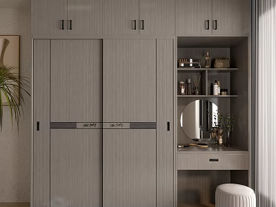 Modern Gray Wardrobe With Sliding Doors Dressing Table Mirror And Decorative Shelves 3d model