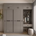 Modern Gray Wardrobe With Sliding Doors Dressing Table Mirror And Decorative Shelves