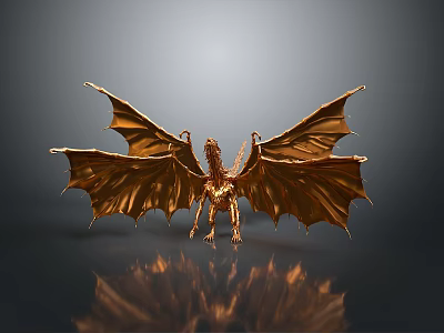 Detailed Golden Flying Dragon Sculpture With Expanded Wings On Dark Gray Background And Reflection 3d model