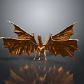Detailed Golden Flying Dragon Sculpture With Expanded Wings On Dark Gray Background And Reflection