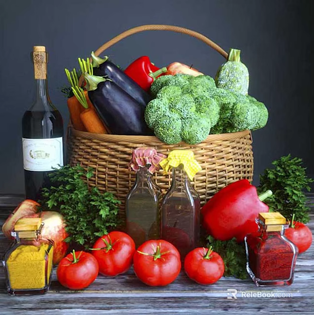 Fresh Assorted Vegetables in Wicker Basket with Broccoli Carrots Tomatoes and Herbs 3d model 