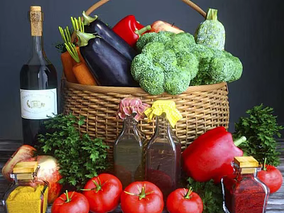 Fresh Assorted Vegetables in Wicker Basket with Broccoli Carrots Tomatoes and Herbs 3d model