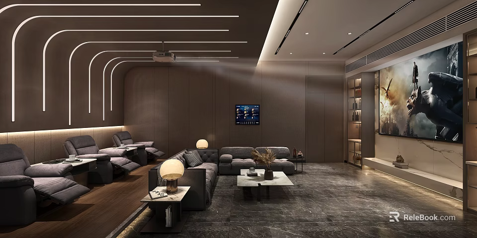 Modern Home Theater Interior Design With Large Screen Comfortable Sofa And Ambient Lighting 3d model 