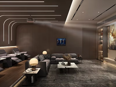 Modern Home Theater Interior Design With Large Screen Comfortable Sofa And Ambient Lighting 3d model