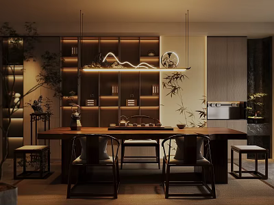 Serene Modern Tea Room Interior Featuring Wooden Table Bamboo Plants Tea Set And Hanging Lights 3d model