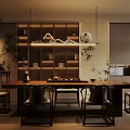 Serene Modern Tea Room Interior Featuring Wooden Table Bamboo Plants Tea Set And Hanging Lights