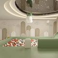 Kids Activity Space With Colorful Ball Pit Green Padded Seating And Geometric Wall Decor