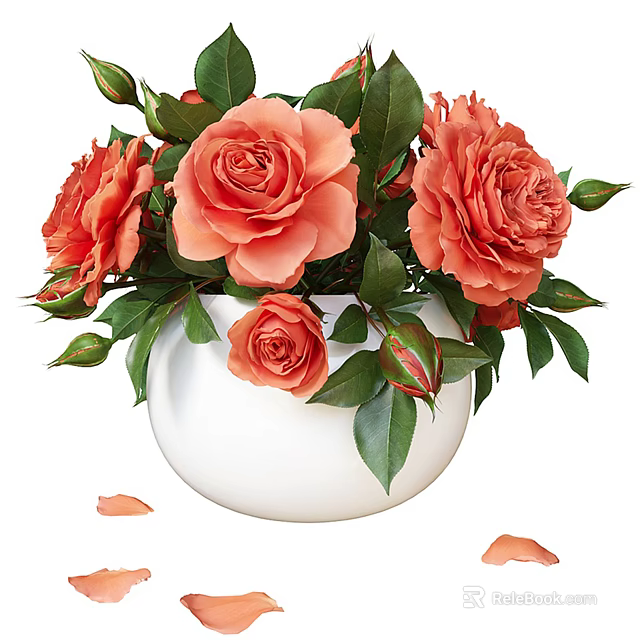 Potted Plant with Orange Roses in White Bowl Shaped Pot Green Leaves and Fallen Petals 3d model 