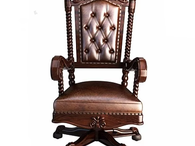 Leather Office Chair In Vintage Style With Carved Armrests And Tufted Seat 3d model