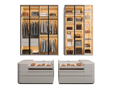 Modern Wardrobe With Glass Doors Hanging Sections Shelves And Organized Storage Drawers 3d model
