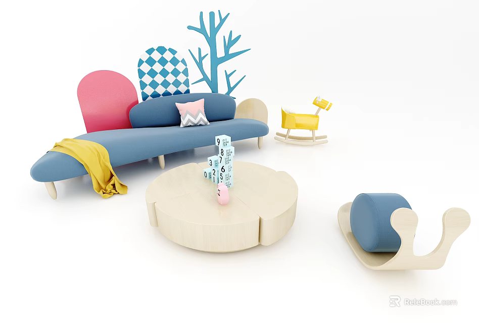 Blue Multi Seater Sofa With Pink Backrest Yellow Blanket Round Wooden Coffee Table And Dice 3d model 