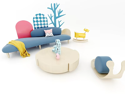 Blue Multi Seater Sofa With Pink Backrest Yellow Blanket Round Wooden Coffee Table And Dice 3d model