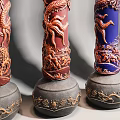 Colorful Dragon Carved Decorative Columns In Red Blue And White Tones