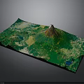 3D Terrain Model Of Green Landscape With Central Volcano And Lakes
