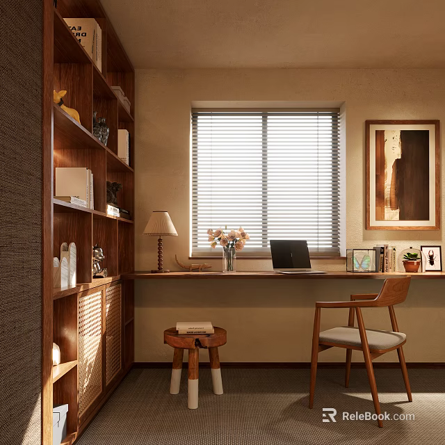 Cozy Modern Study Room With Wooden Shelves Desk And Chair 3d model 