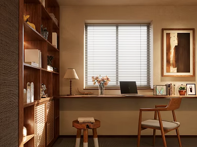Cozy Modern Study Room With Wooden Shelves Desk And Chair 3d model