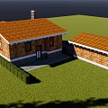 Single Story Wooden House With Orange Roof Stone Chimney Green Lawn And Pine Trees
