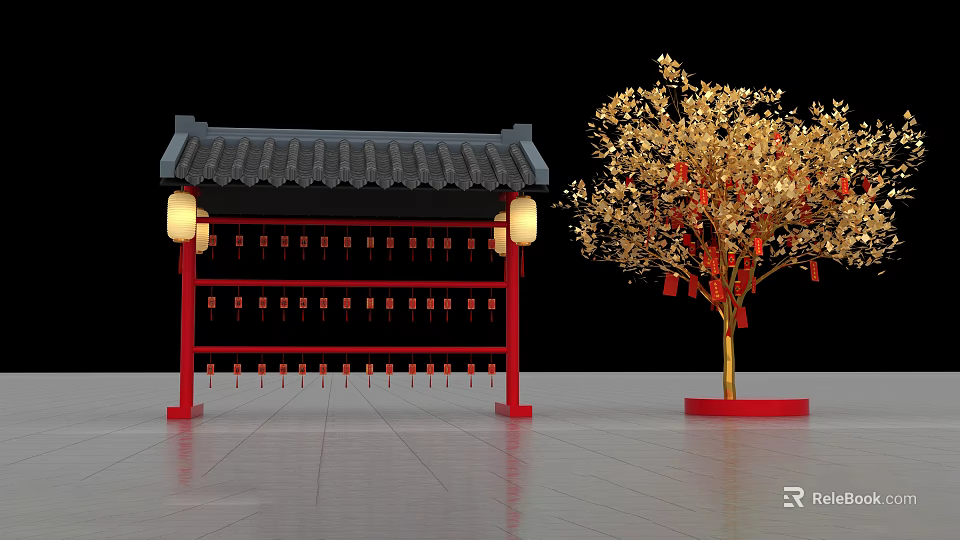 Traditional Chinese Pavilion With Red Frame Black Roof And Golden Tree With Red Decorations 3d model 