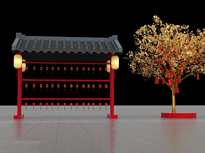 Traditional Chinese Pavilion With Red Frame Black Roof And Golden Tree With Red Decorations 3d model