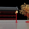 Traditional Chinese Pavilion With Red Frame Black Roof And Golden Tree With Red Decorations