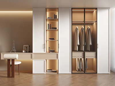 Modern Wardrobe Interior Design With Sliding Doors Desk Shelves And Lighting Features 3d model