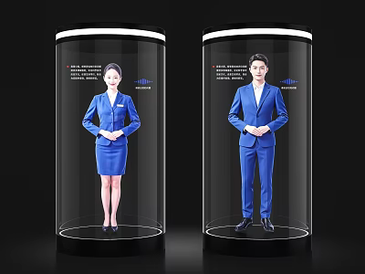 DP Device Transparent Cylinder Design With Male Female Blue Professional Attire Figures And Black Base 3d model